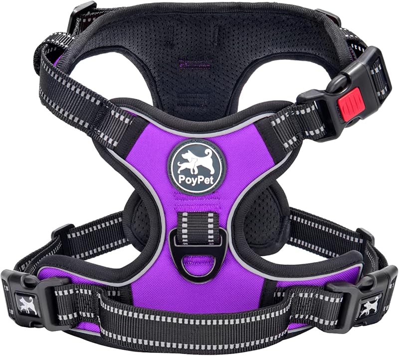 PoyPet No Pull Dog Harness Reflective Adjustable Easy Control Handle Purple S