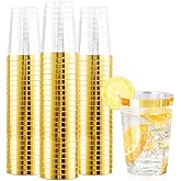 Nervure 120PCS Gold Rim Plastic Cups - 12oz Heavy Duty Plastic Cups - Fancy Clear Disposable Cup with Gold Rimmed for Wedding, Birthday, Party