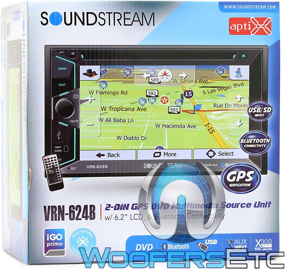 Soundstream VRN-624B in-Dash 2-DIN 6.2" Touchscreen LCD DVD Receiver with Bluetooth and GPS Navigation