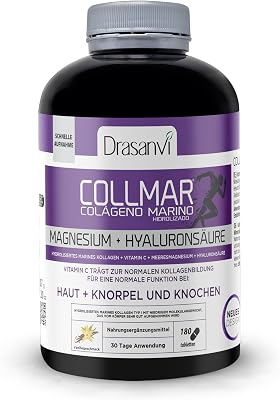 COLLMAR HYDROLYSIERTES KOLLAGEN mit Hyaluronsäure, Magnesium und natürlichem Vitamin C - Knochen und Gelenke - Marine Kollagen 3.900 mg/Tag | 180 Tabletten = 30 Tage | Vanillegeschmack