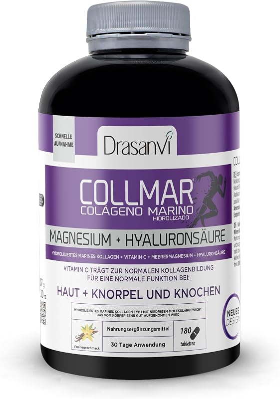 COLLMAR HYDROLYSIERTES KOLLAGEN mit Hyaluronsäure, Magnesium und natürlichem Vitamin C - Knochen und Gelenke - Marine Kollagen 3.900 mg/Tag | 180 Tabletten = 30 Tage | Vanillegeschmack