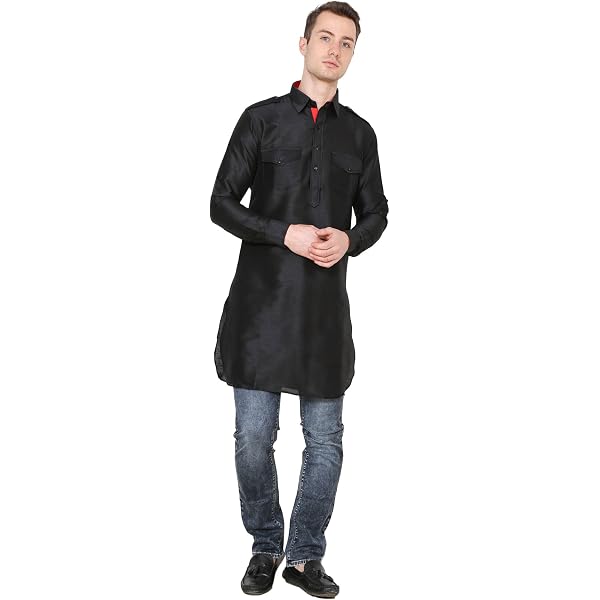 Abito Pathani Uomo Royal Kurta In Misto Cotone | Salwar Kamiz Nero Con Ricamo Al Collo | Vestibilità Comoda, Taglia 38