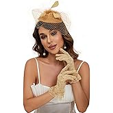 20s 50s Pillbox Derby Fascinator Hat Veil Feather Fascinators Hair Clip Wedding Tea Party Hat and Short Lace Gloves for Women