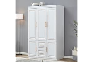TrendTerrace 3 Door Armoire Wardrobe Closet Cabinet, Wood 2 Drawers White Closet Cabinet Wardrobe for Large Capacity, Tall Cabinet Closet with Hanging Rod and 5 Storage 47.3" L x 20.3" W x 74.2" H