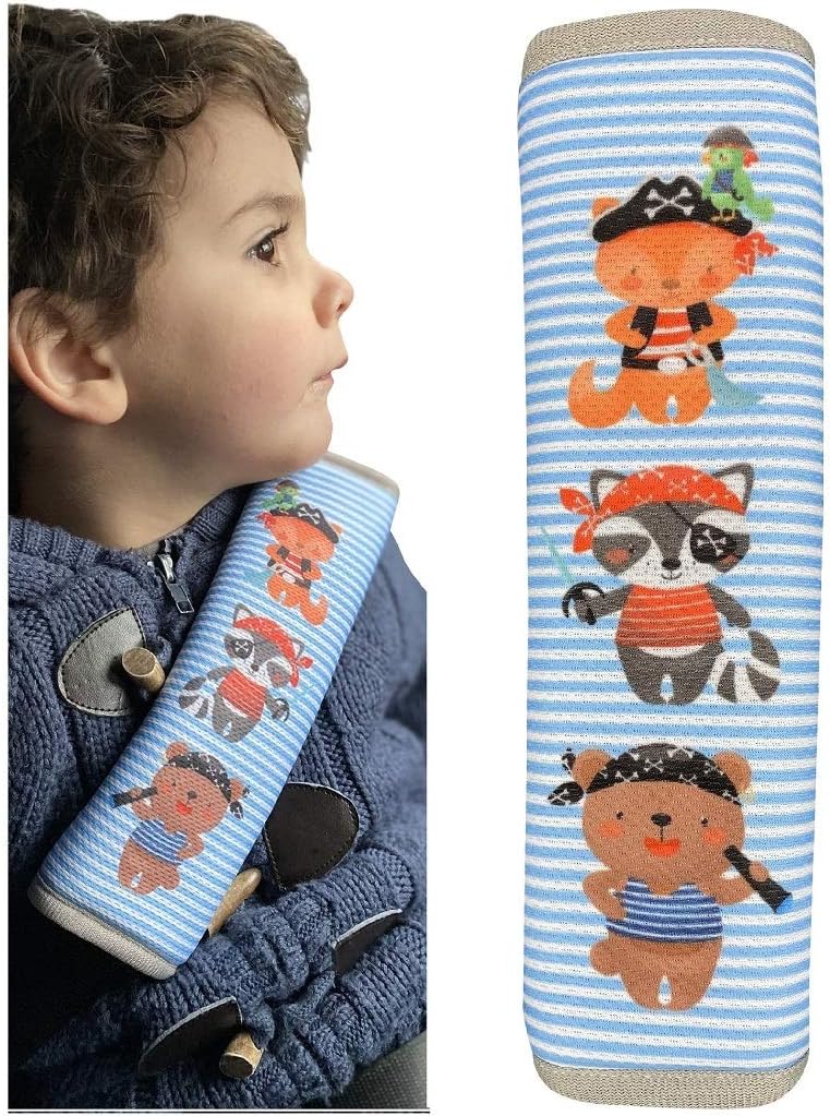 HECKBO 1x Kids Car Seat Belt Pads - Pirate Animals - Seat Belt Protectors for Babies and Booster Seats, 1 piece