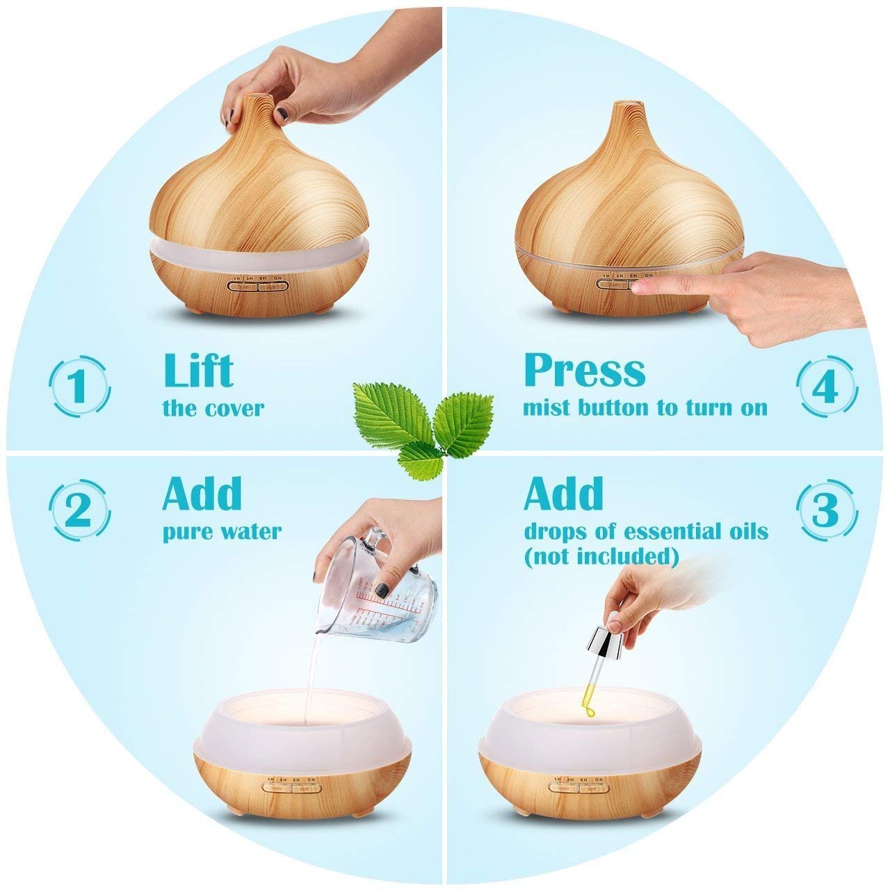 Essential Oil Diffuser,XPLUS 300ml Wood Grain Ultrasonic Cool Mist Humidifier With Adjustable Mist Mode,Multi-Color Light and Waterless Auto Shut-Off for Office Home Bedroom Living Room Study Yoga Spa (Wood Grain)