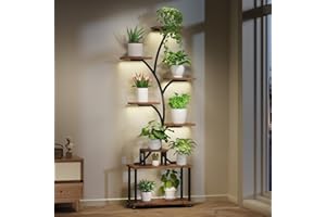 LotFun Plant Stand Indoor with Grow Lights, 8-Tiered Large Metal Plant Shelf with Wheels and Feet Pad, 61" Tall Plant Stand for Plants Multiple, S-Shaped Display Rack Flower Holder for Living Room