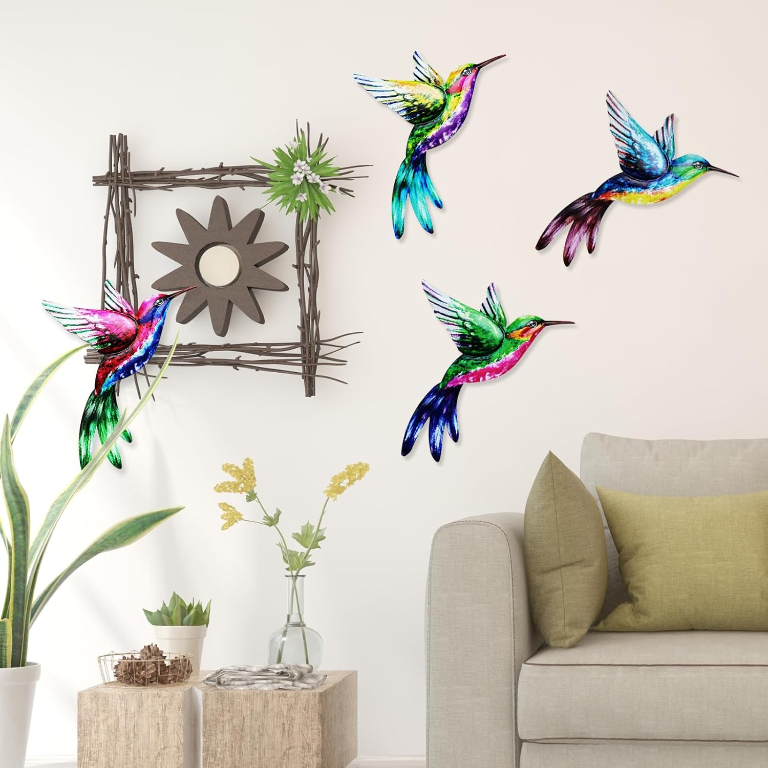 Plaques & Wall Art - Metal Hummingbird Wall Art Decor - 4pcs Metal Colorful Birds 3D Outdoor Sculpture Iron Outdoor Hanging Decor Ornaments Metal Bird Wall Art Fence Decorations for Living Room Patio Garden Yard Balcony