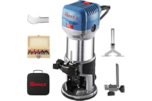 Wood Router Tool, Enhulk 6.5-AMP 1.25HP Compact Trim Router for Woodworking, 6 Speeds to 32000 RPM, Kit with Roller Guide, Edge Guide and Dust Hood…