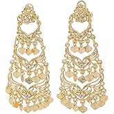 Bohemian Heart Tassel Statement Dangle Indian Earrings for Women Vintage Gold-Tone Plated Crystal CZ Long Chandelier Drop Dangling Earring Bollywood Jewelry for Jhumka Festival Holiday Wedding Party Prom