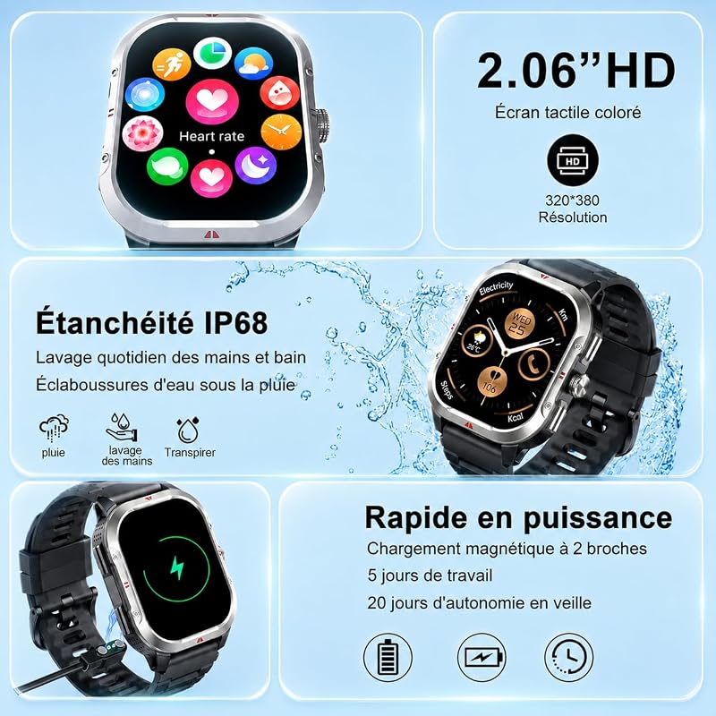 Montre Connectée Homme Militaire, Smartwatch GPS Intégré, Noir