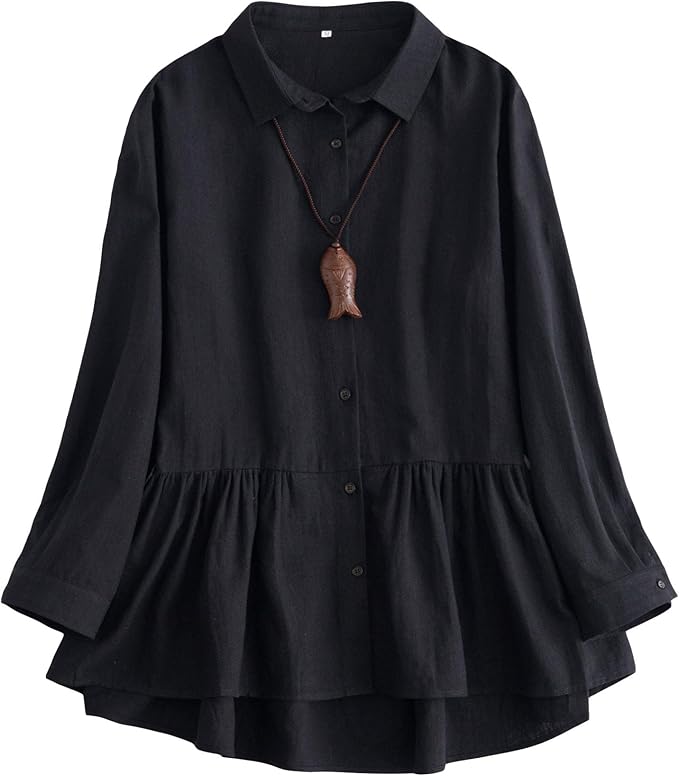 Minibee Women's Linen Shirts Dress Babydoll Tunics Button Down Blouse