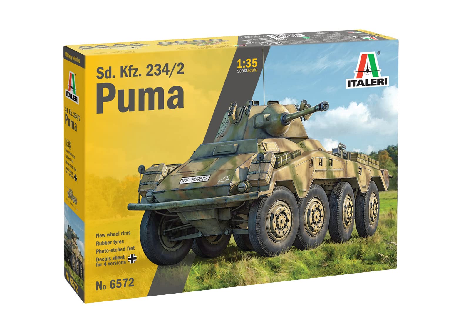 Italeri 6572 6572S 1:35 German SdKfz. 234/2 Puma 8-Wheel Faithful Replica, Model Building, Plastic Kit, Crafts, Hobby, Gluing, Model Kit, Assembly, Unpainted, Multi-Coloured