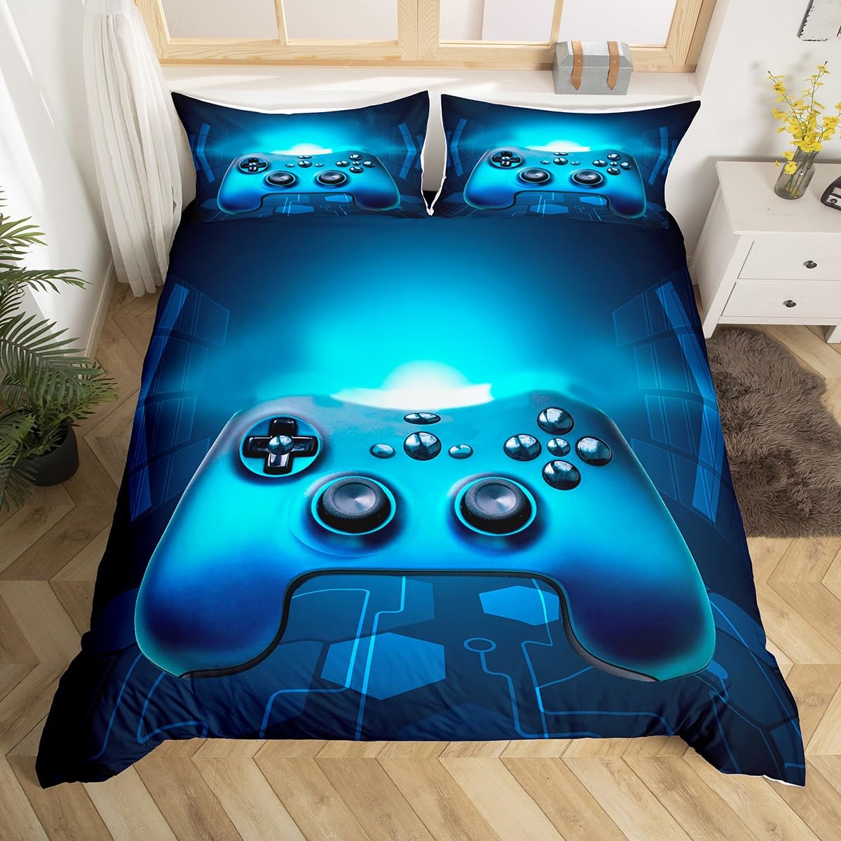 Loussiesd Kids Gamepad Duvet Cover Gamer Bedding Set for Boys Girls Game Controller Comforter Cover Teens Youth Modern Games Console Action Buttons Bedspread Hexagonal Room Decor Single