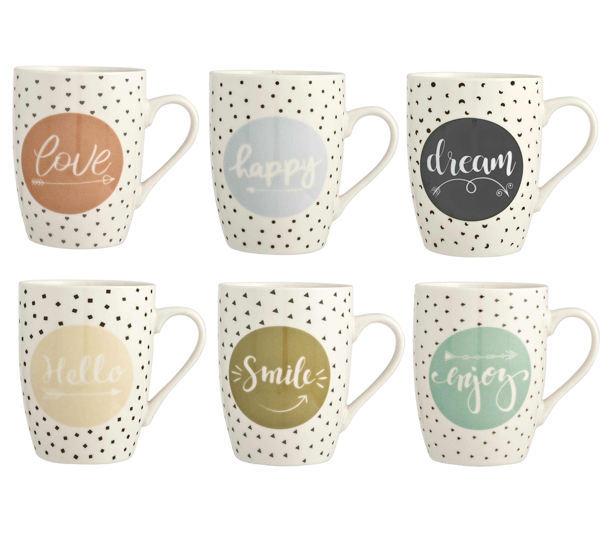 H&H Enjoy Set of 6 Mugs, Porcelain, Multicoloured, 350 ml