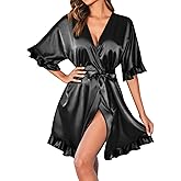 Ekouaer Womens Silk Ruffle Robe Short Satin Kimono Robe Half Sleeve Bathrobe Bridesmaid Wedding Party Dressing Gown