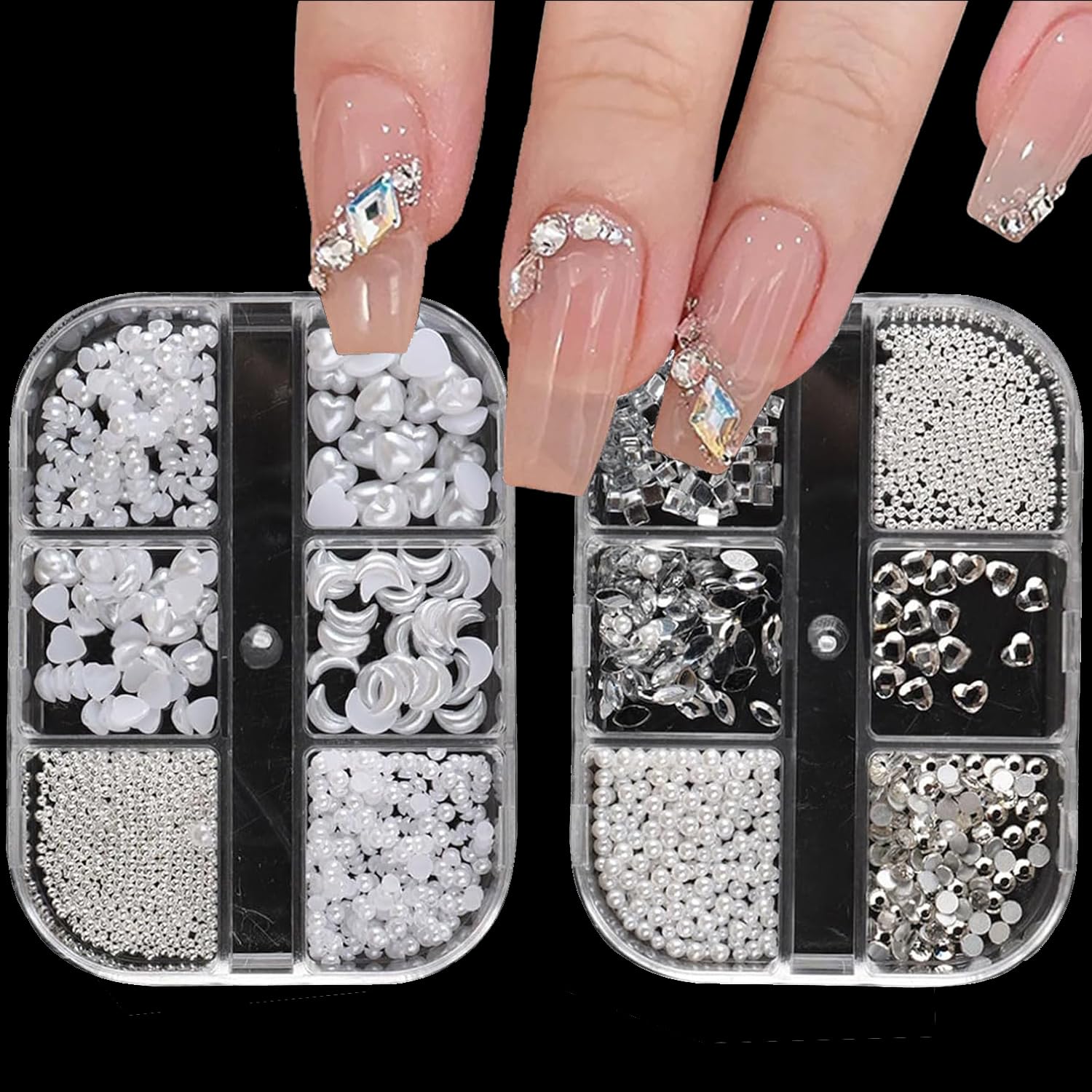 3D Nail Charms,2 Boxes 6 Grids Nail Pearls Rhinestone Nail Art Beads Nail Accessories Set,Heart Moon Geometric Shapes Flaback Nail Art Decorations for Women Girls Manicure Design DIY Crafts — image 1