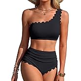 Charmo Womens One Shoulder Bikini Sets High Waisted Tummy Control Bathing Suits Ribbed Scalloped Two Piece Swimsuit 2026