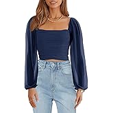 Wenrine Womens Mesh Long Sleeve Crop Tops Night Going Out Square Neck Off The Shoulder Ruched Shirt Blouses Dressy Casual