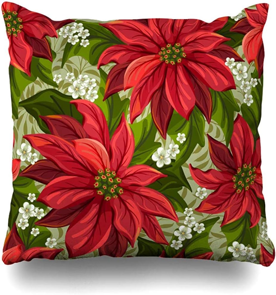 Throw Pillow Case Square Size 18"x18" Bouquet Red Pattern Wonderful Poinsettia Christmas Nature Flower Pointsettia Victorian Pointsetta Home Decor Cushion Cover Zippered Pillowcase