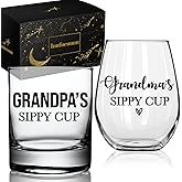 Innfueunun Grandma Grandpa Sippy Cup Funny Wine Glass,Funny 2-Piece Wine and Whiskey Glass Set,Time Grandmother or New Grandparents