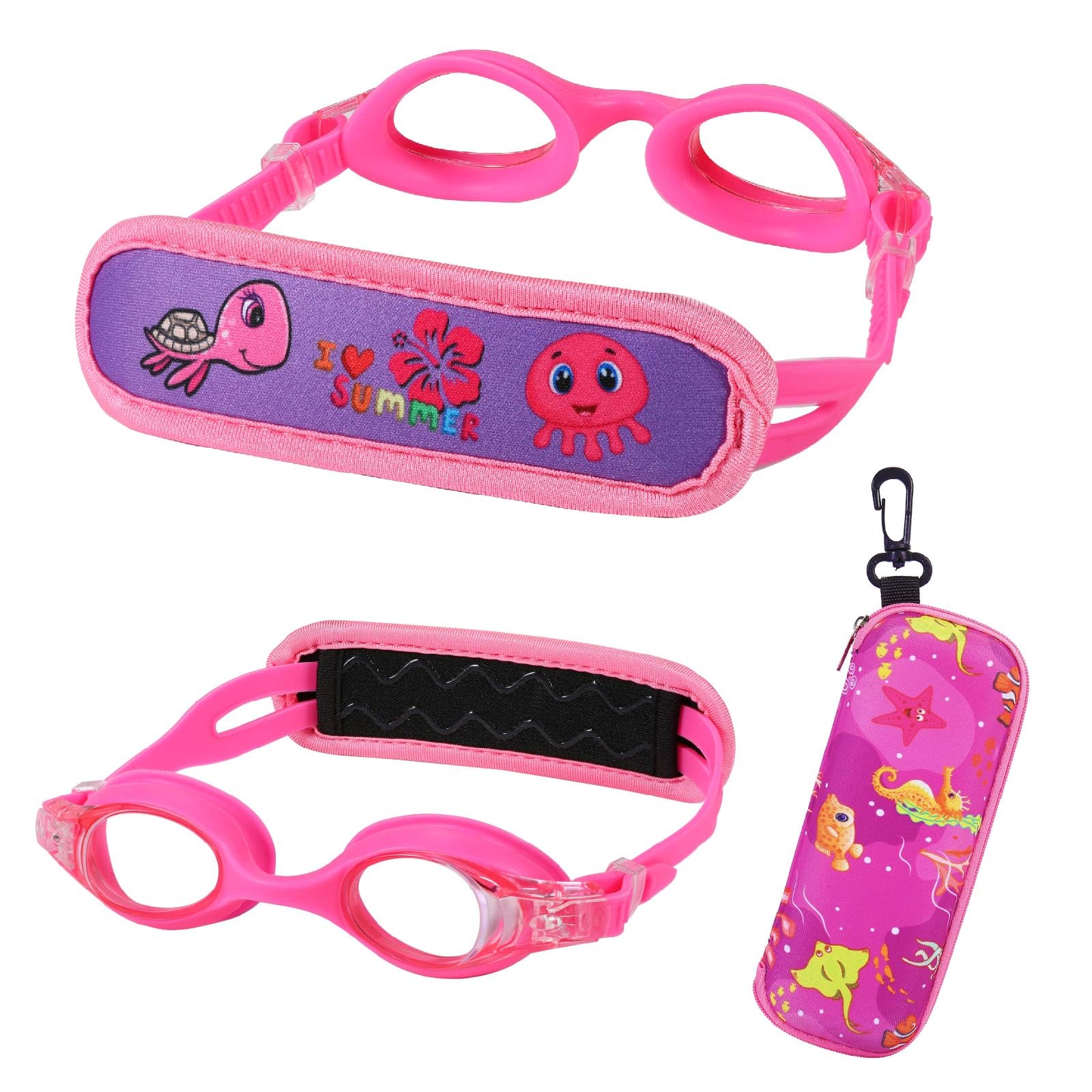 RUIGAO Toddler Swim Goggles Age 2-5, Toddler Goggles No Hair Pull Strap, Kids swimming goggles with Case (Pink For 2-5)