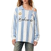 Bakyarder Women’s Off-Shoulder Stripe Knit Sweater Vintage Polo Jersey Style Loose Fit Fuzzy Pullover Y2K Streetwear