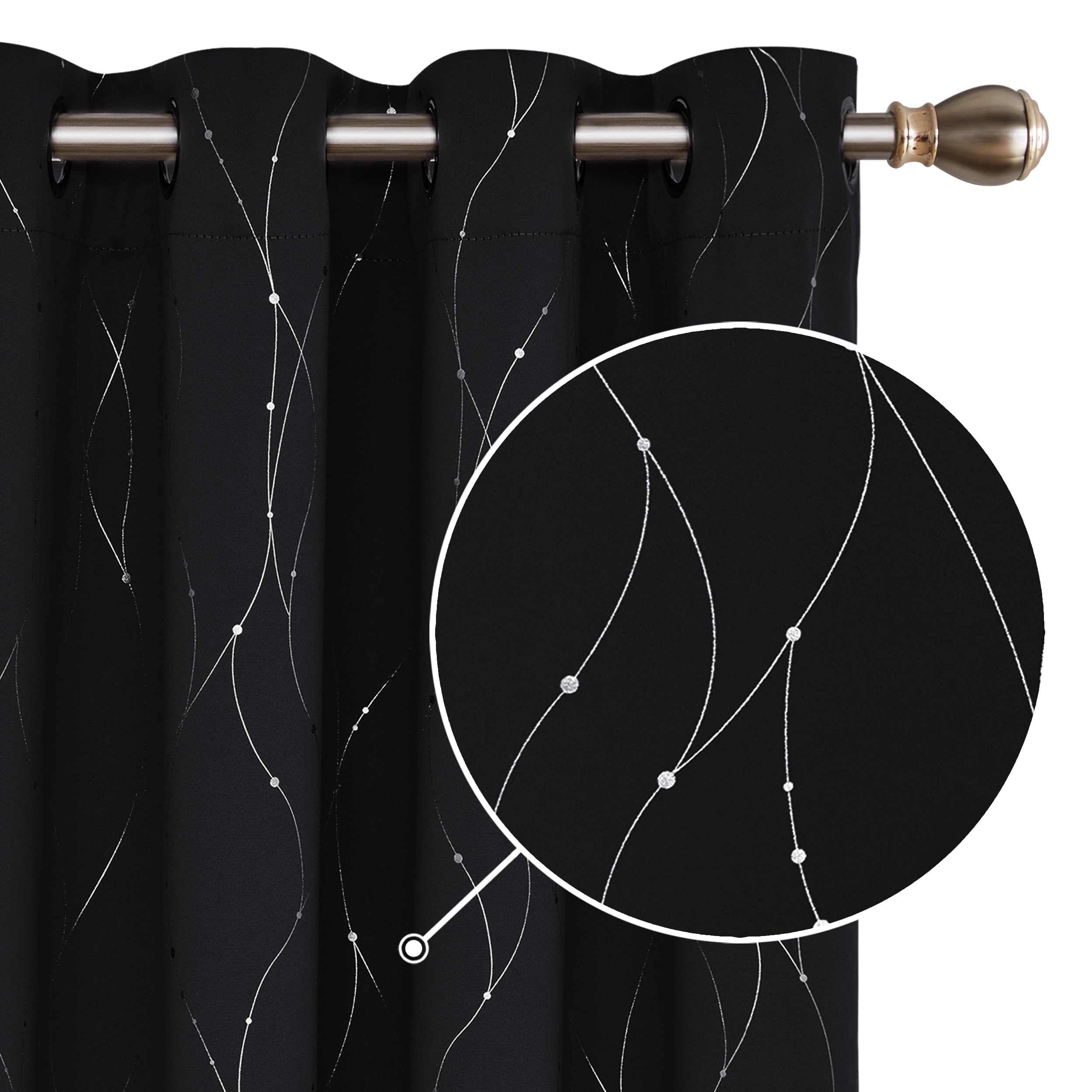 Deconovo Home Decoration Dotted Line Foil Printed Blackout Curtains Energy Saving Thermal Insulated Eyelet Room Darkening Curtains for Doors 66 x 54 Inch Black 2 Panels