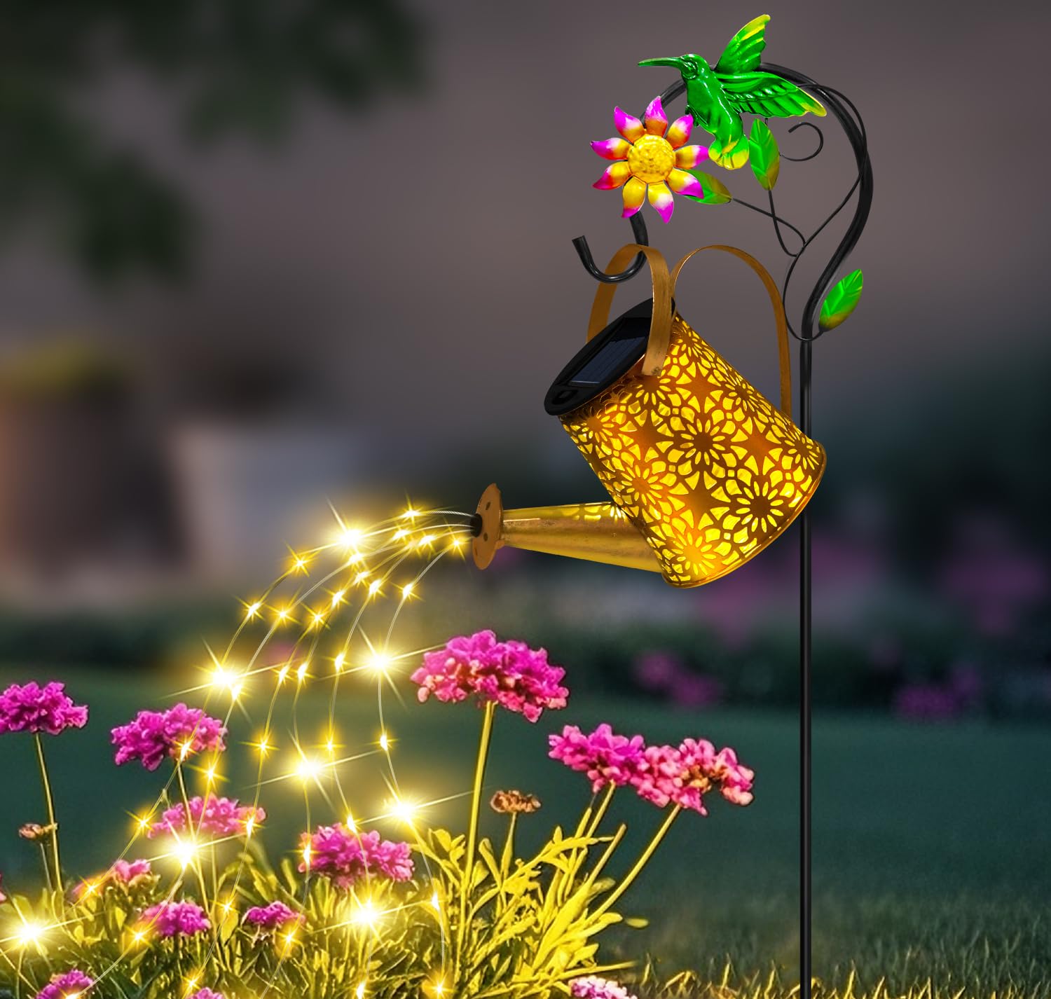Photo 1 of Solar Metal Watering Can with Hummingbrid Shepherd Hook and Cascading Lights - Outdoor Solar Lantern for Garden, Yard, Patio Decor and Gardening Gifts for Women Mother's Day