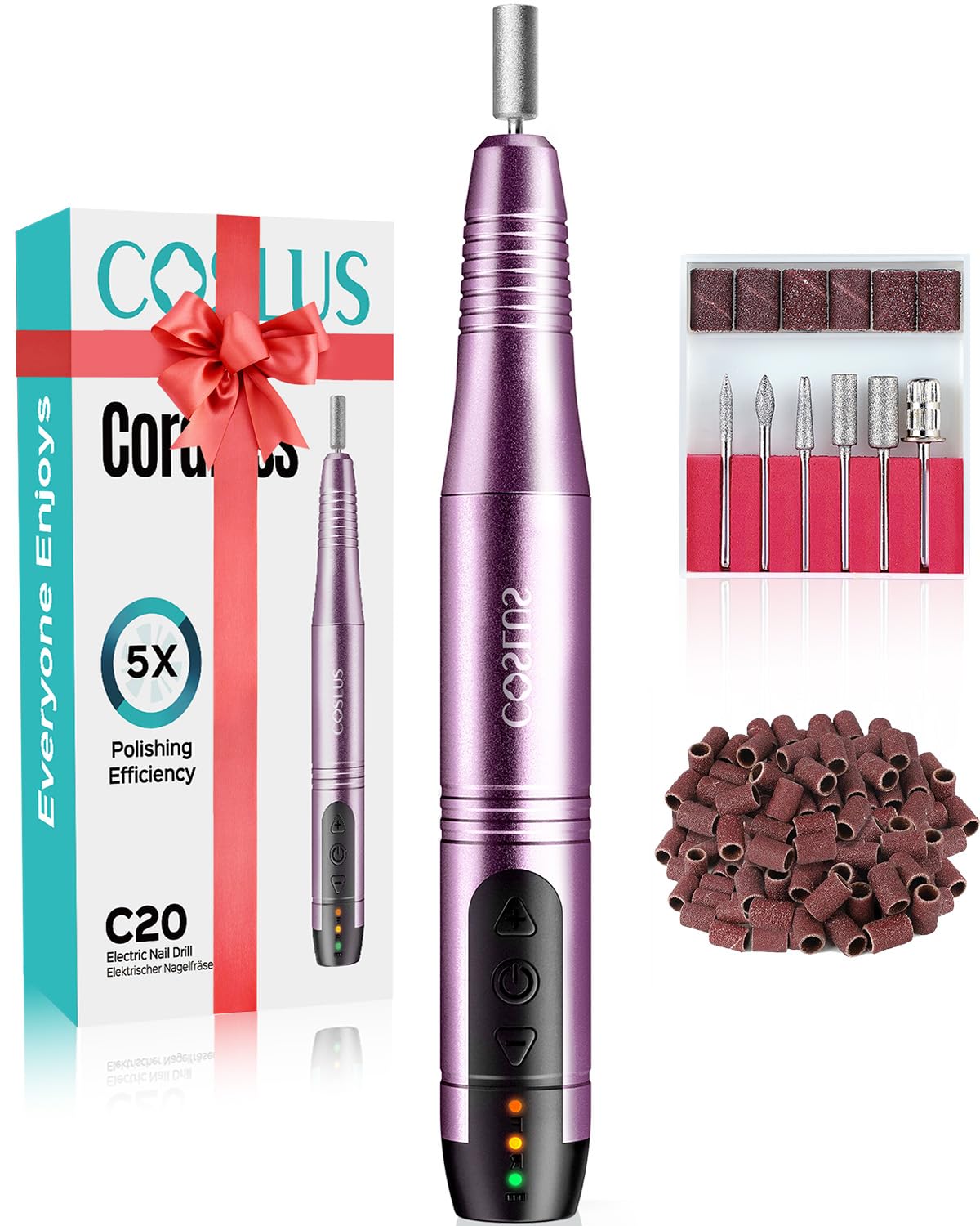 COSLUS C20 Cordless Portable Electric Nail Files: Professional Nail Drill Kit for Acrylic Gel Nails, Rechargeable Manicure Pedicure Tools for Shaping, Polishing, Removing Dead Skin, Home Salon Use