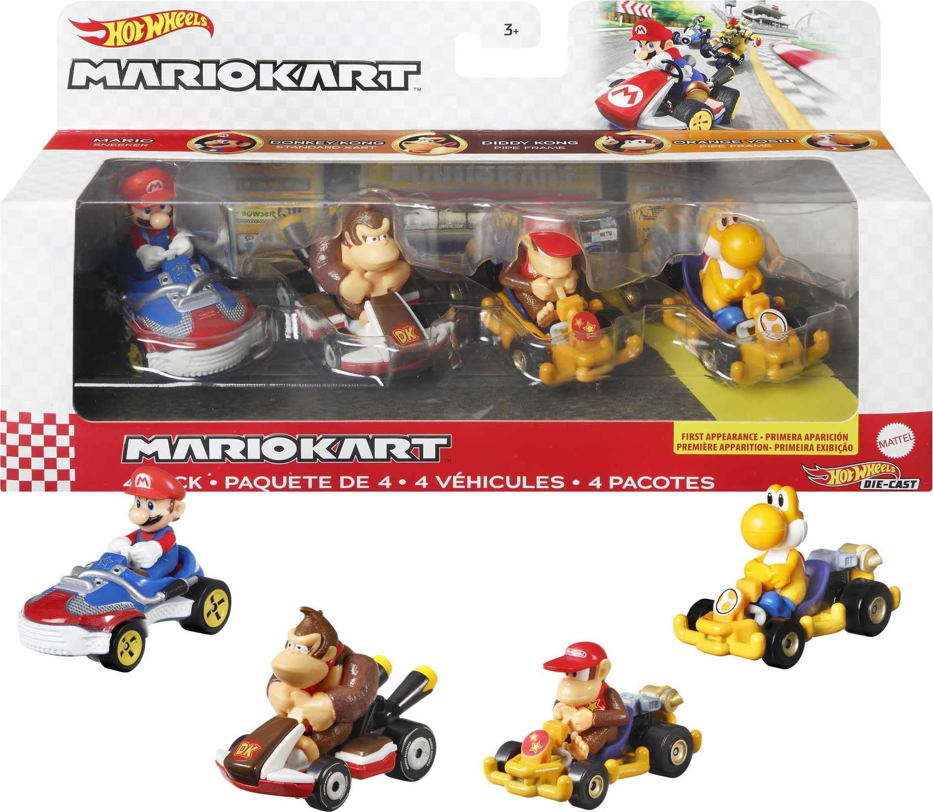 Hot Wheels Mario Kart Vehicle 4-Pack, Set of 4 Fan-Favorite Characters Includes 1 Exclusive Model, Collectible Gift for Kids & Fans Ages 3 Years Old & Up, HDB22