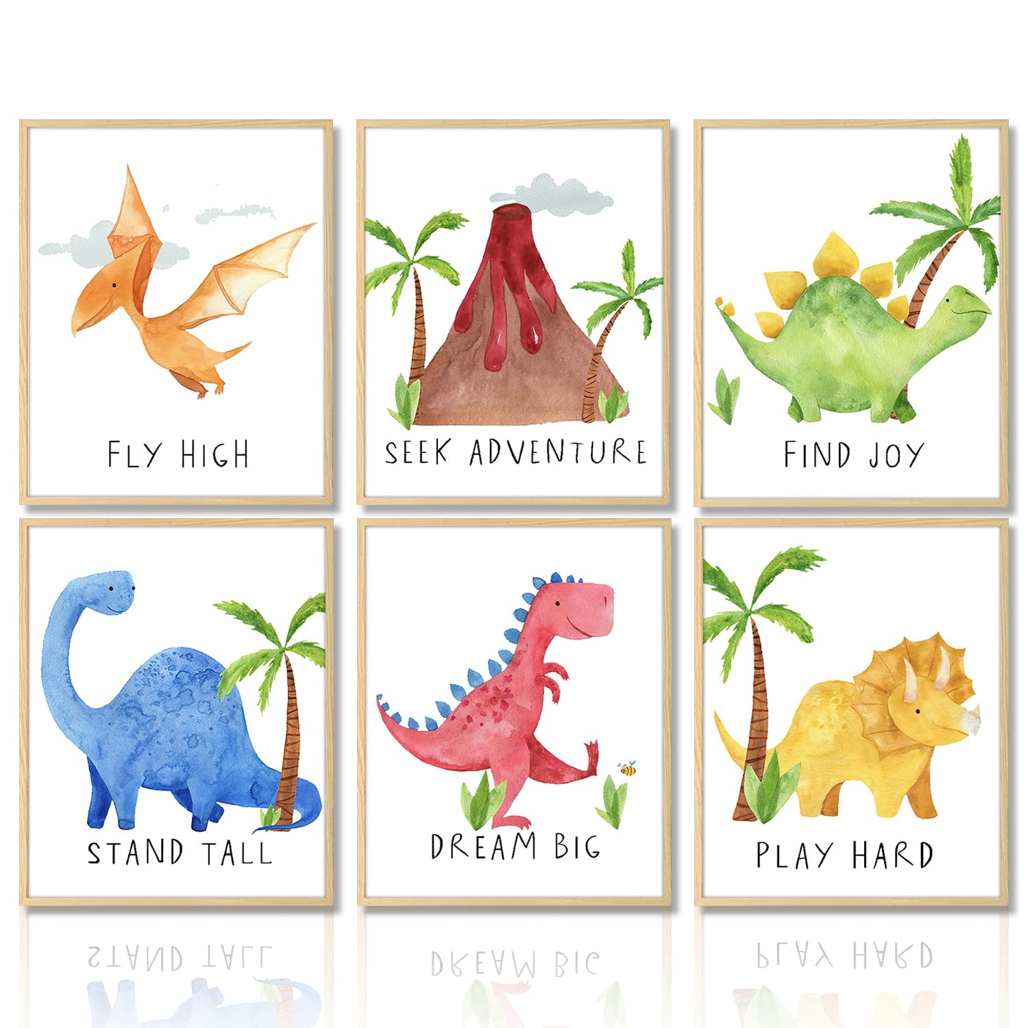 Dazzlewall Watercolor Dinosaur Wall Decor Poster Motivational Quotes Wall Poster for Nursery Kids Room Decor 8x10 in Unframed Set of 6