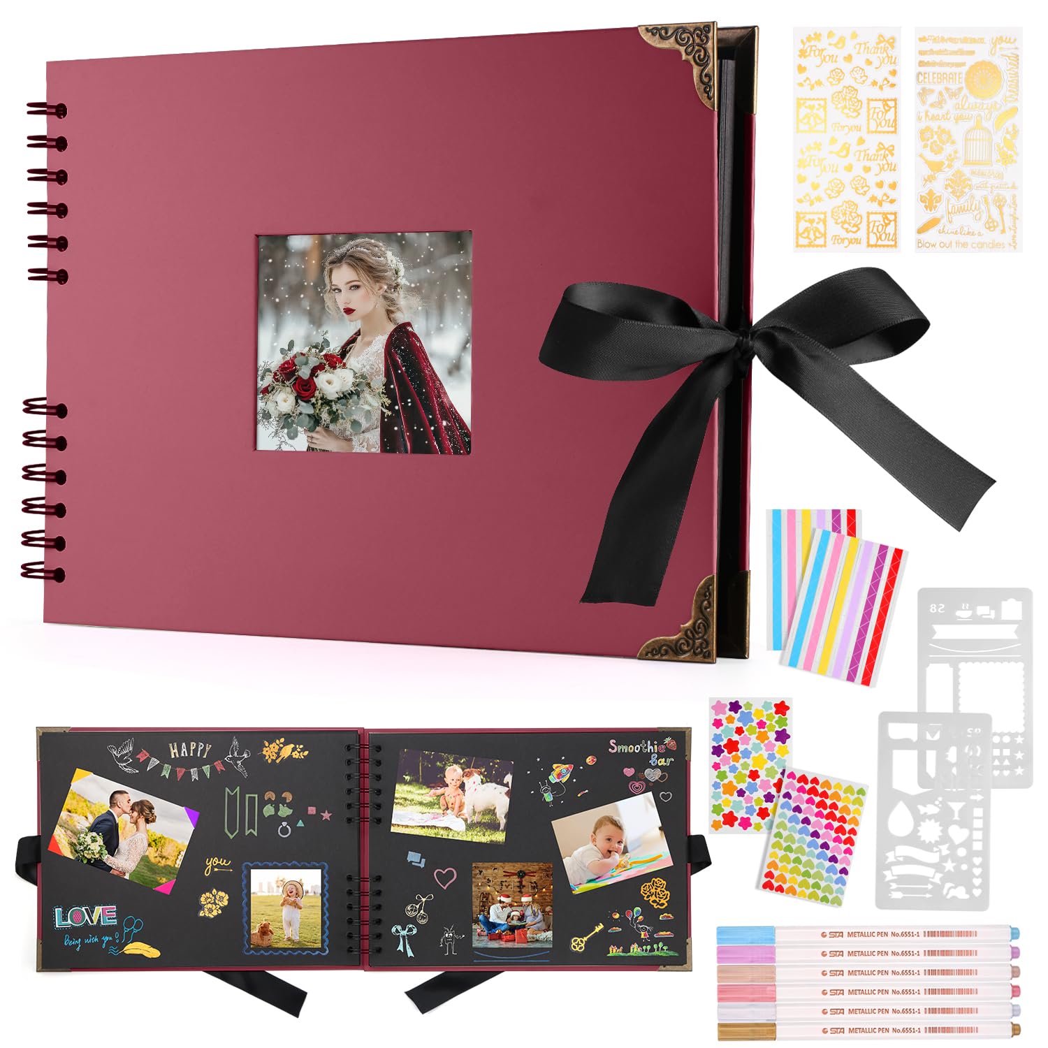 DazSpirit Scrapbook Photo Album, 29.5 X 21 Cm Wedding Guest Book Black Pages, Interchangeable Cover, 240 Photo Capacity With Metal Pens, Stickers & Templates, Personalised Photo Book For Home(RedWine)