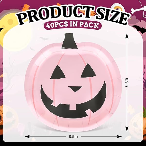 JARTHENAAMCS 40PCS HALLOWEEN PAPER PLATES PINK PUMPKIN FACE DISPOSABLE PLATES 9 INCH CUTE CARTOON PUMPKIN DECORATIVE PLATES FOR HALLOWEEN BIRTHDAY BABY SHOWER TABLE DECOR PARTY SUPPLIES