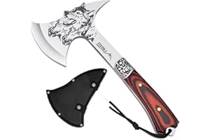 TIVOLI 13" Camping Axe, Wolf - Patterned Survival Hatchet with Nylon Sheath, High Carbon Steel Blade Compact Outdoor Bushcraft Axe with Ergonomic Wood Grip, Camping Gear for Hiking, Chopping, Hunting