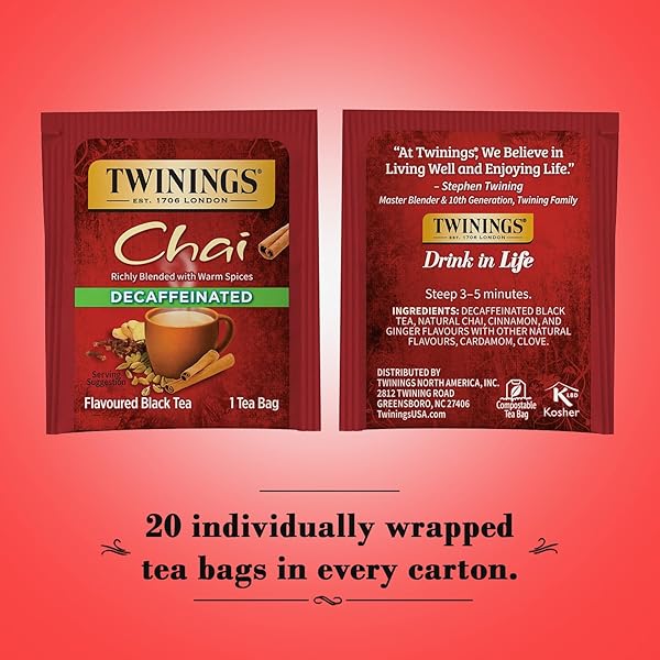 TWININGS DECAFFEINATED CHAI TEA, BLACK TEA BLEND WITH CINNAMON, GINGER, CARDAMON, CLOVES FOR A SWEET AND SPICY FLAVOR, 20 COUNT