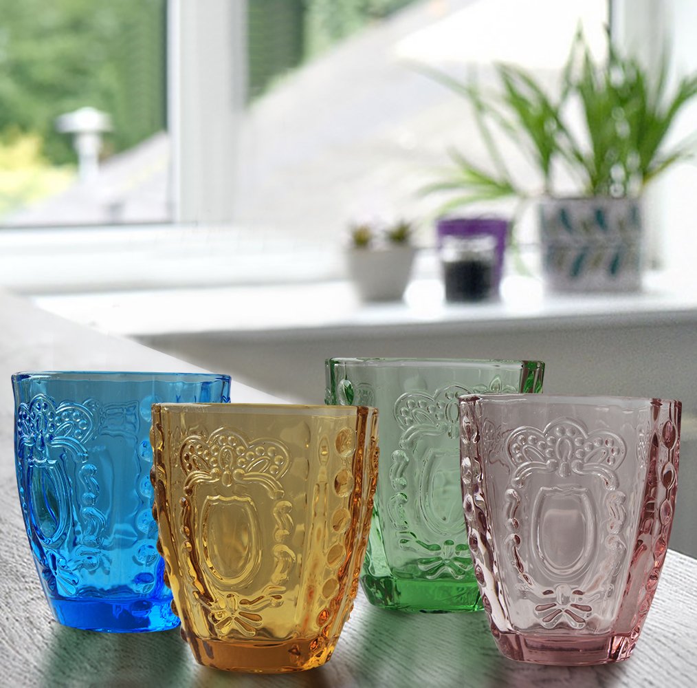 Drinking Glasses 4Pcs, Colored Premium Heavy Glassware, 12oz Multicolor Glass Tumbler Gift for