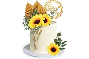 MEMOVAN Sunflower Cake Topper 18pcs Sunflower Cake Decoration with Gold Happy Birthday Cake Topper Sunflower Golden Palm Eucalyptus Leaves for Sunflower Boho Summer Theme Birthday Wedding Baby Shower