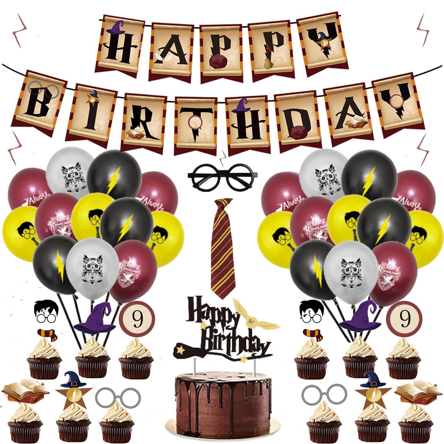 Finypa Magical Wizard Birthday Decorations, Including Glasses, Banner, Cupcake Toppers, Tattoos, Tie and Balloons, for Wizard Birthday Party Decorations