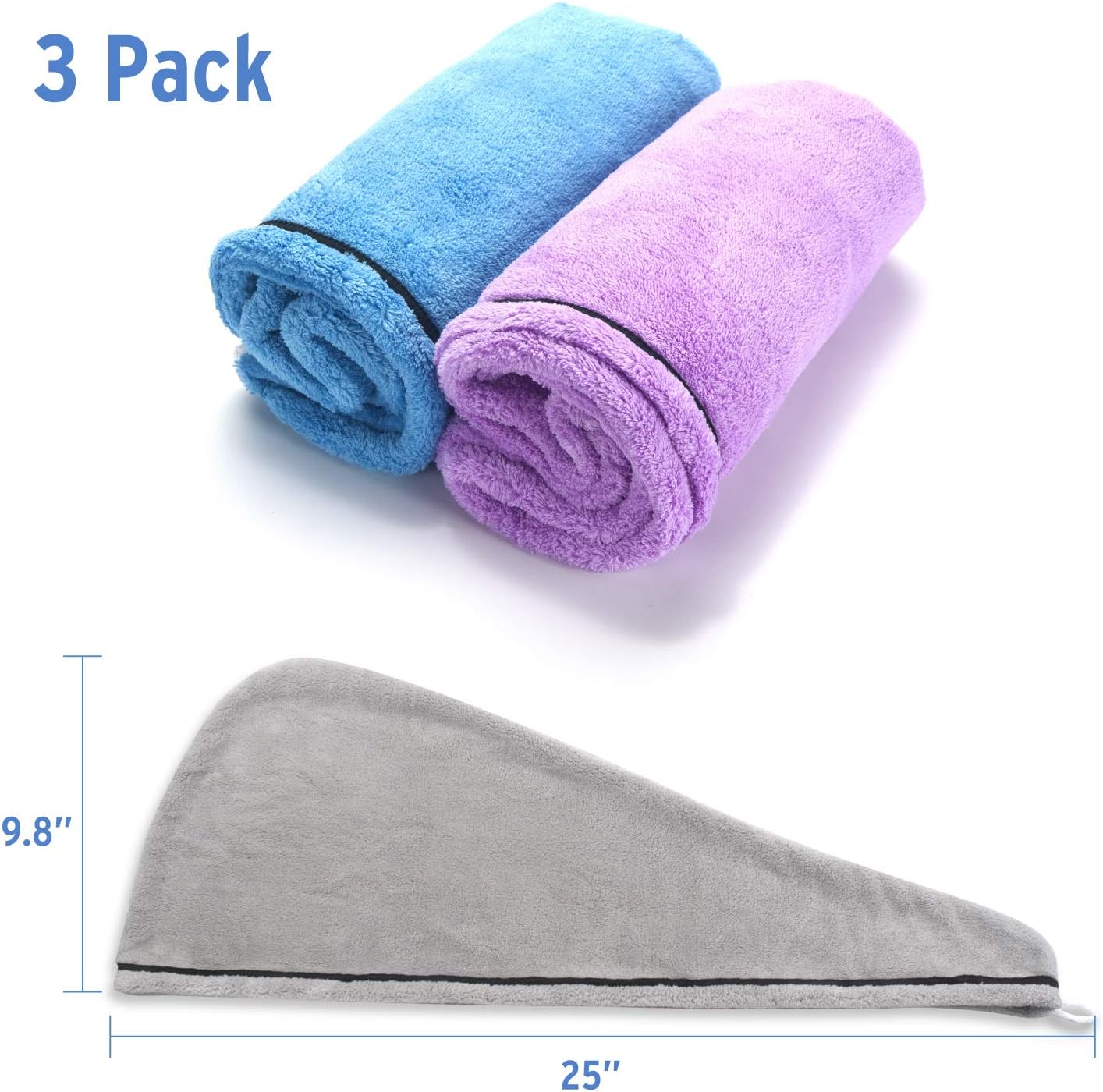 AmazerBath 3-Pack Hair Towel, Microfiber Hair Towel Wrap Rapid Drying Hair Towels for Women, Magic Hair Drying Towel, Super Absorbent Hair Towel Hat (Blue, Purple, Gray): Home & Kitchen