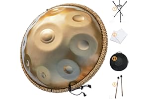AS TEMAN HANDPAN, Handpan drum instrument in D Minor 9 Notes 440HZ 22 inches Steel Hand Drum with Soft Hand Pan Bag, 2 handpan mallet,Handpan Stand,dust-free cloth,gold