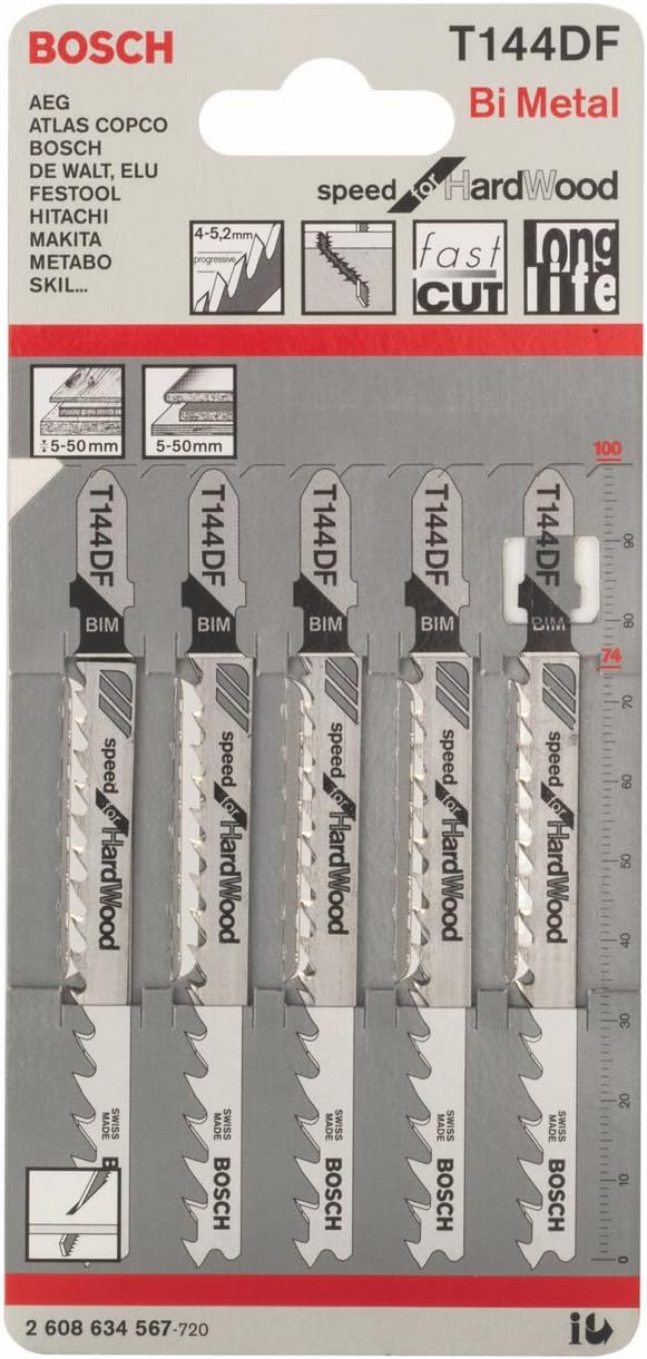 Bosch 5x PRO Hardwood Fast T144DF Jigsaw Blade (for Hardwood Chipboard, Length 100 mm, Professional Accessory Jigsaw) - Image 3