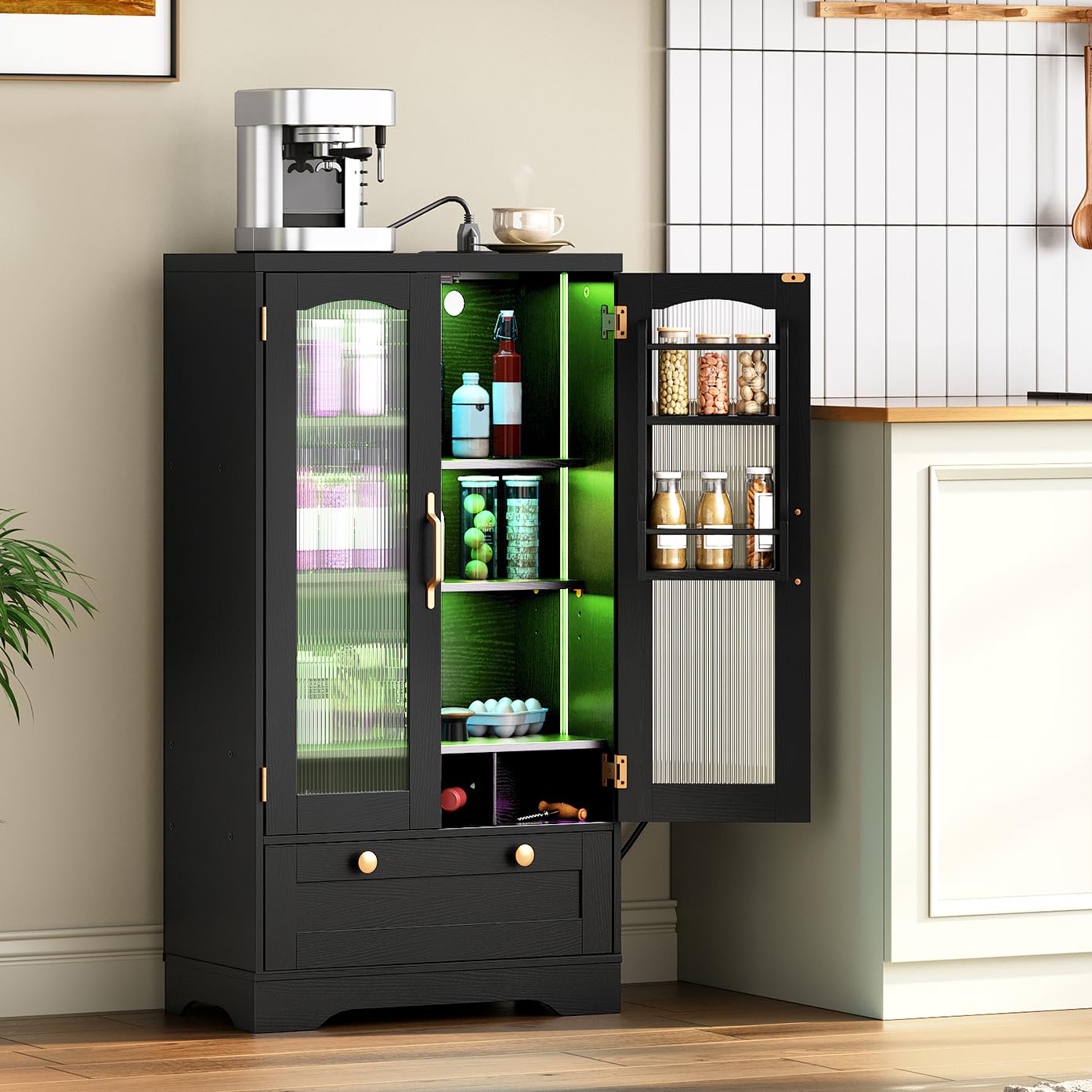 Photo 1 of ** FACTORY SEALED ** SOLD AS IS, NO REFUND/RETURN**
HOOBRO Kitchen Pantry Cabinet with LED Lights and Charging Station, Freestanding Cupboard Utility Hutch Cabinet with Storage & Microwave Stand, Buffet Storage Cabinet for Dining Room, Black and Gold