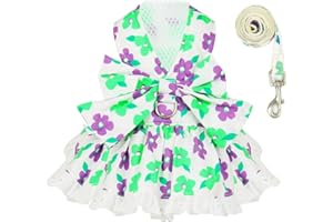 ABRRLO Dog Harness Dress Leash Set for Small Dog Summer Clothes Girl Female Puppy Cats Outfits Cute Floral Bowknot Princess Birthday Dress for Extra Small Pet Doggie Kitten Outfits Apparel(Green,S)
