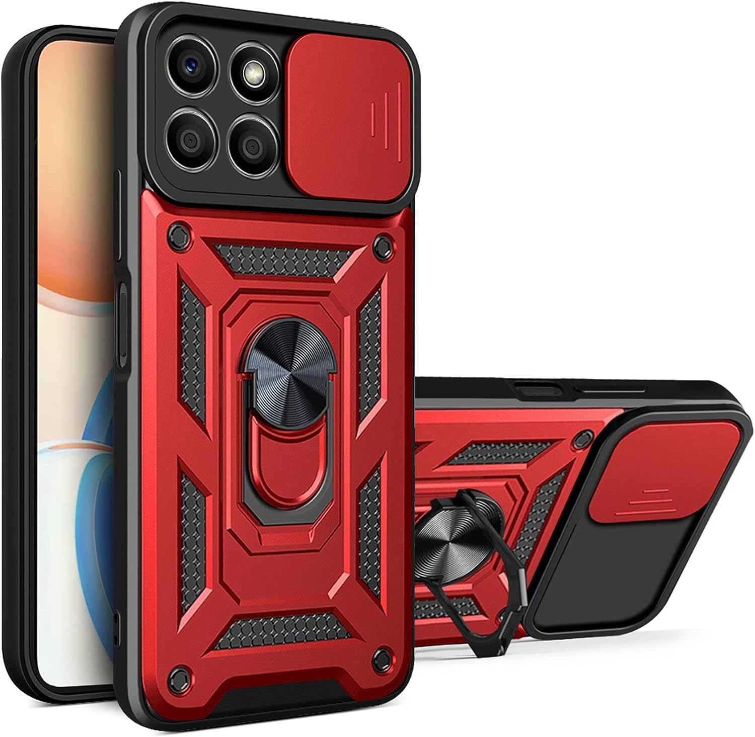 PIXFAB for Honor X6B Case, Shockproof Case with Camera Lens Protection, Protective Ring Armour Phone Cover [Kickstand], Dual Layer Shock Absorption Phone Case - Red