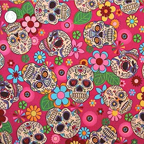 Retro Mexican Style Floral & Skulls Fabric 1 METRE Cerise Pink 100% Cotton.