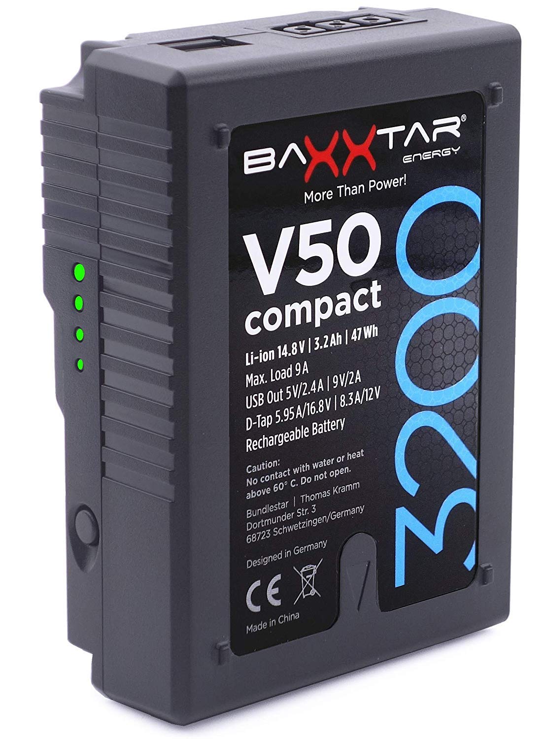 Baxxtar PRO II V-Mount Battery V50 Compact (real 3200mAh / 47Wh) - LG Cells Inside - with Powerbank function (USB) and D-Tap