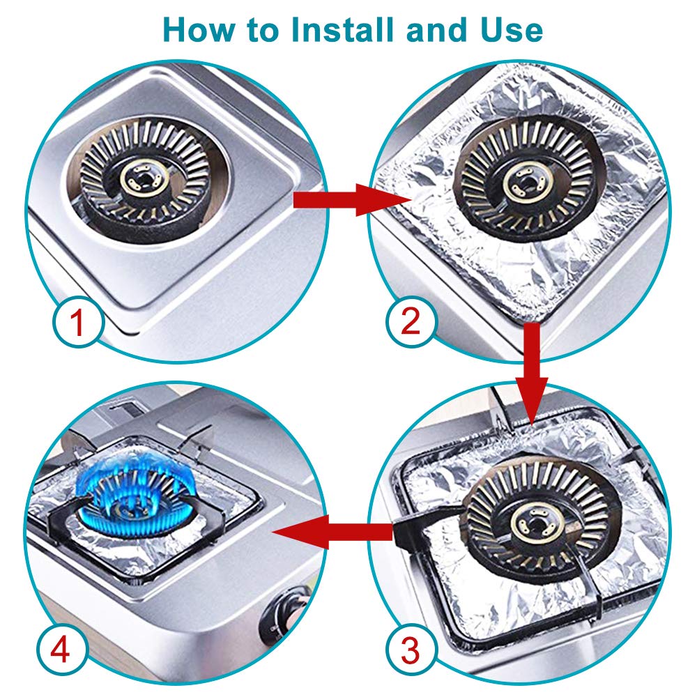 B. SHINE Foil Stove Burner Covers - Aluminum Foil Gas Range Protectors Gas Stove Burner Liners, Disposable, Size 8.66”x 8.66”, 50 Pack