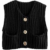 FindThy Women’s Cropped Sweater Vest Cute Crewneck Button Down Sleeveless Crop Knit Cardigan with Pocket