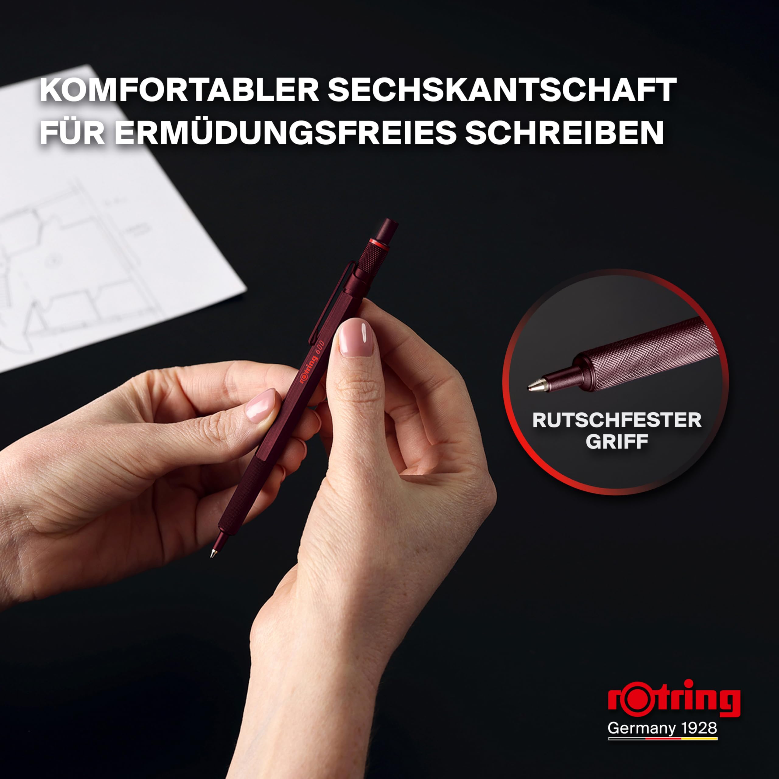 rOtring 600 Kugelschreiber | Mittlere Spitze | Schwarze Tinte | Stift mit Vollmetallschaft | Schokoladenbraun | Rutschfeste, gerändelte Griffzone und Sechskantschaft | Nachfüllbar 5